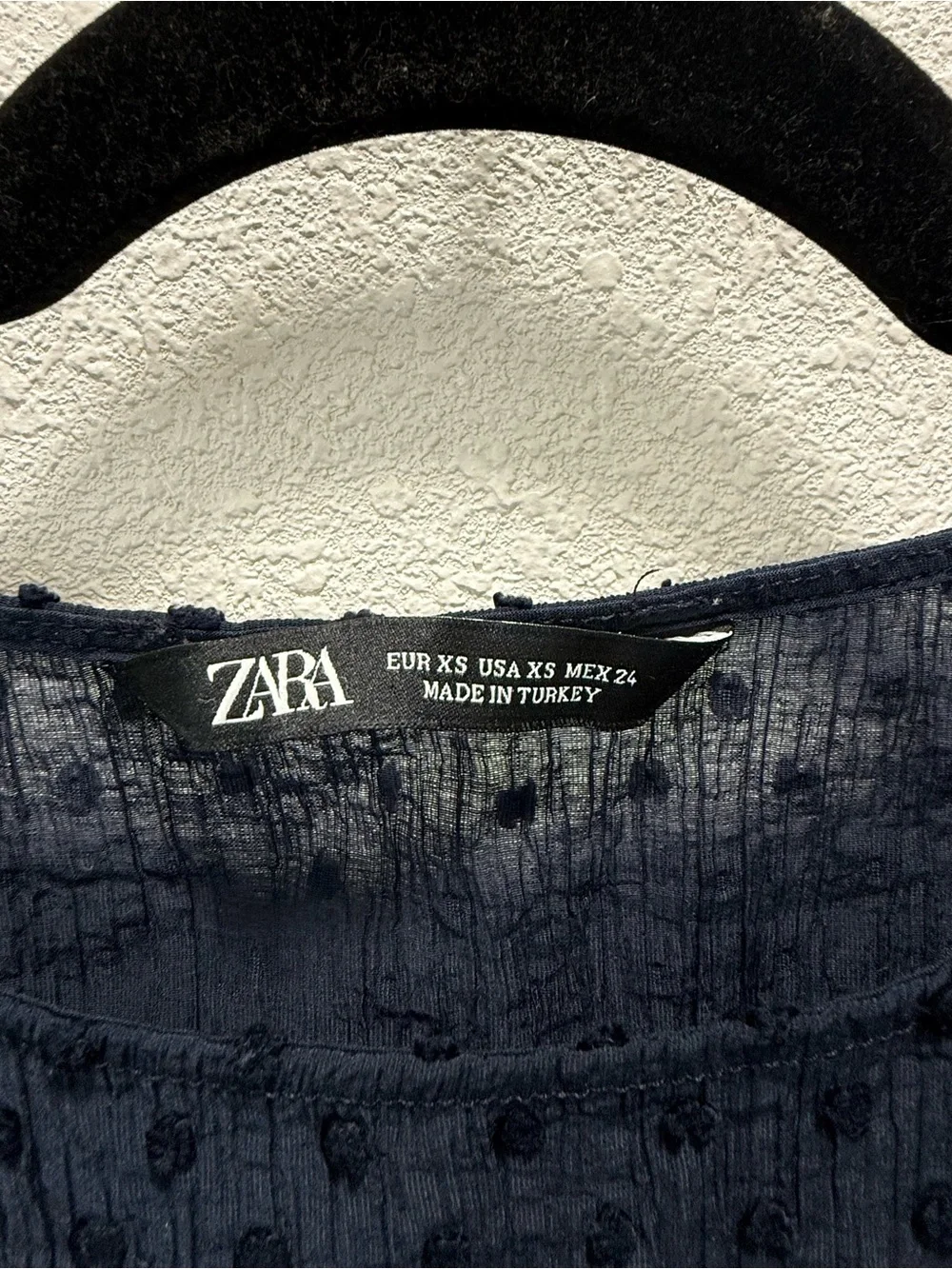 Zara Navy Blue Swiss Dot Dolman Sleeve Blouse Sz(XS) - Picture 3 of 3